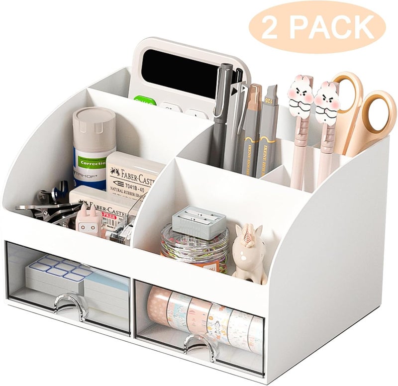 COMFYROOM Desk Organizer with 6 Compartments and 2 Drawers, Plastic Makeup Organizer, Pen Holder for Desktop Storage, Desk Organization for School, Home, Office Supplies (White-2Pack) - Image 2